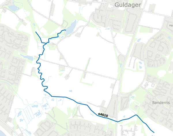 Kort over Guldager Møllebæk med angivelse af projektstrækningen